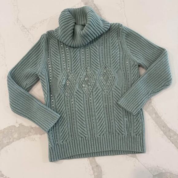 Talbots Petite Knit Sequin Turtleneck Pullover Sweater Women XLP Green WoolBlend - Picture 1 of 6